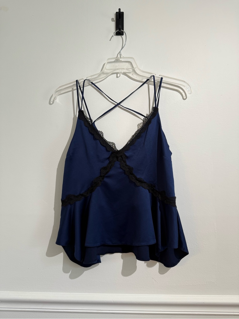 ASOS Navy Satin Black Lace Strappy Cami Top Size 6